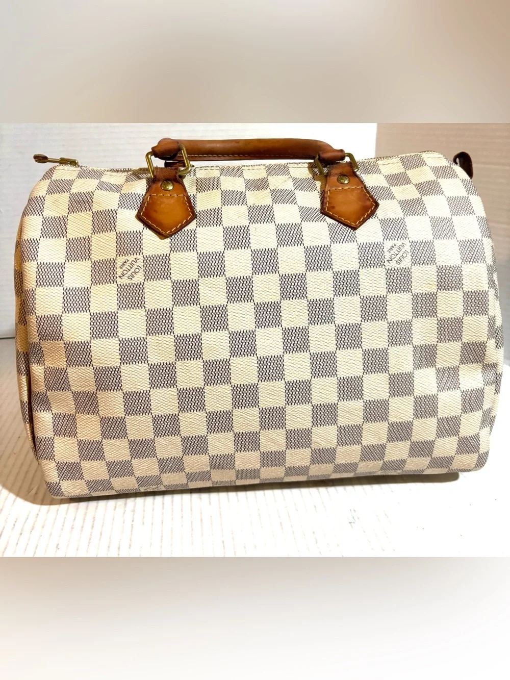 Louis Vuitton Damier Azur Canvas Speedy Bag - Cream & Brown Leather